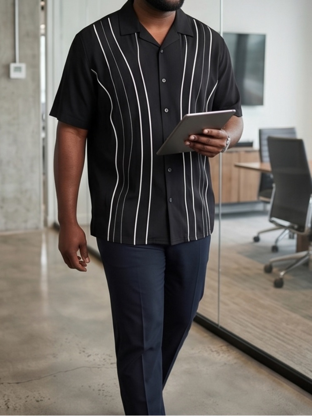 Party Black Short Sleeve Pin Striped Casual Dress Shirt